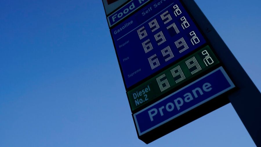 Gas prices are advertised at over six dollars a gallon Monday, March 7, 2022, in Los Angeles. (AP Photo/Marcio Jose Sanchez)