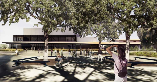 Proposed finalized campus view. 
Image credit: CoArchitects 2021. “Supporting a History of Achievement and Robust Technical Programs. North Hollywood High School Comprehensive Modernization.