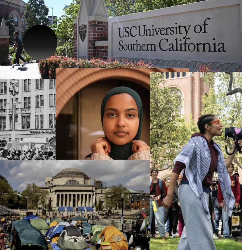 Collage of current pro-palestine protests at USC 