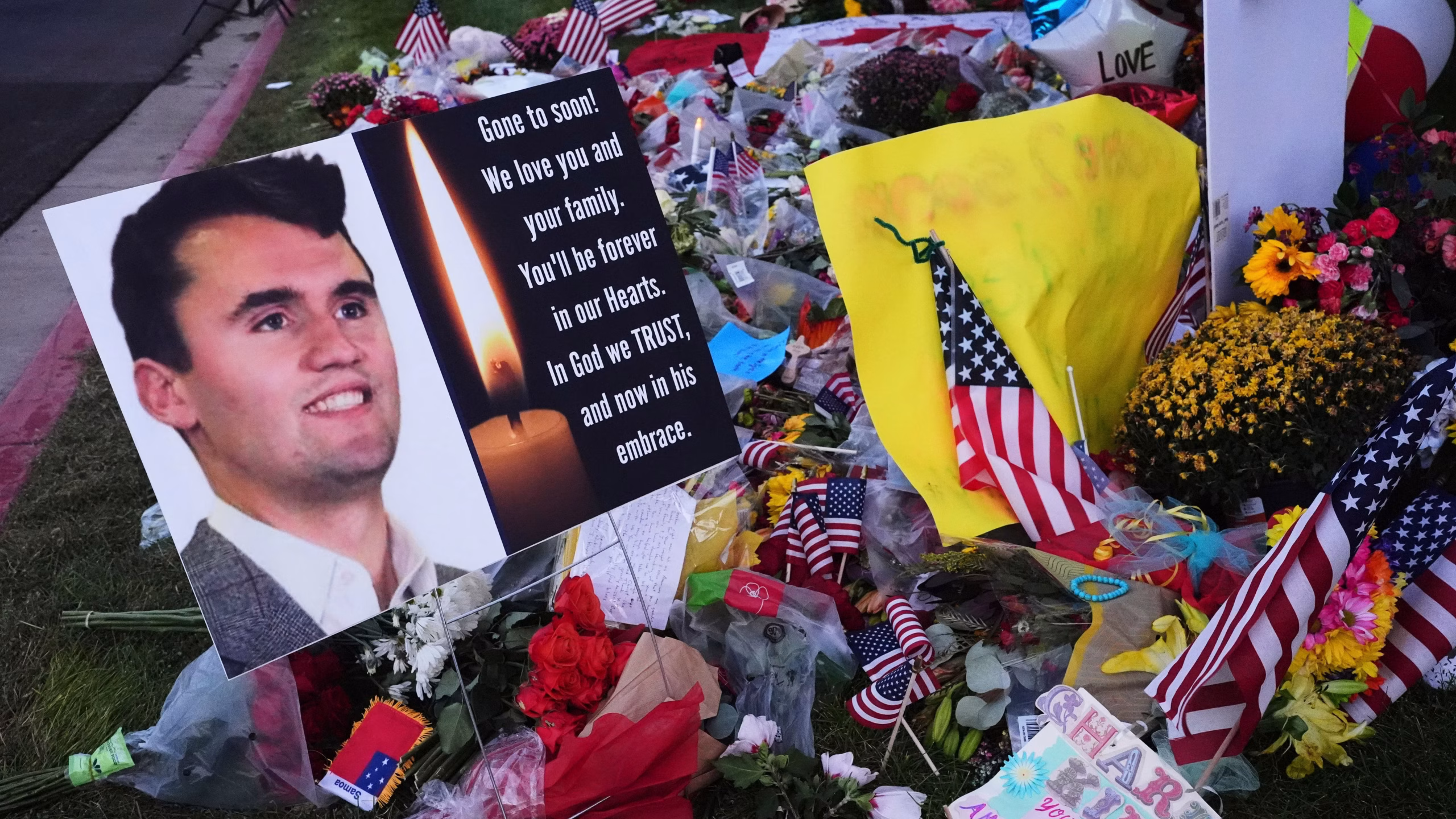 Charlie Kirk memorial at Utah Valley University. (Lindsey Wasson CC BY 4.0)
