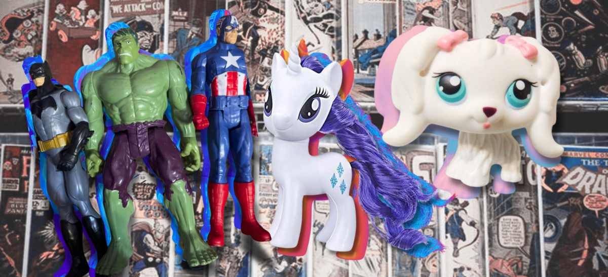 Collage of popular "throw back" kid's toys. (Background CC BY-NC 3; Photos by Andrea Gonzalez