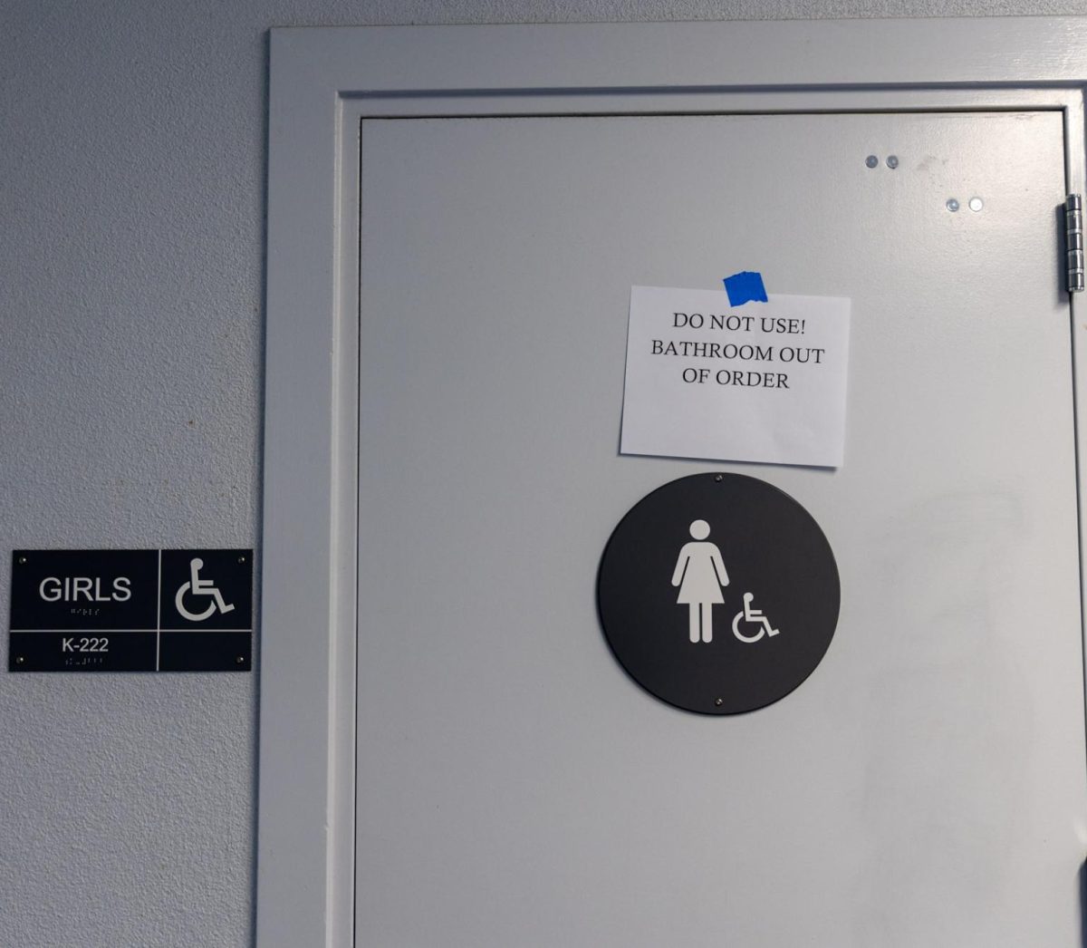 Out of Order sign on a girls restroom in downstairs Kennedy building 