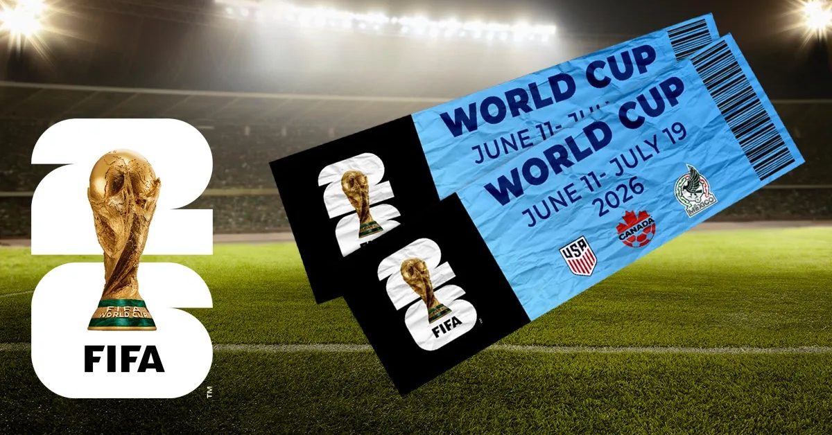 Clipart of a soccer staduim with the 2026 FIFA logo with two mock World Cup tickets 
